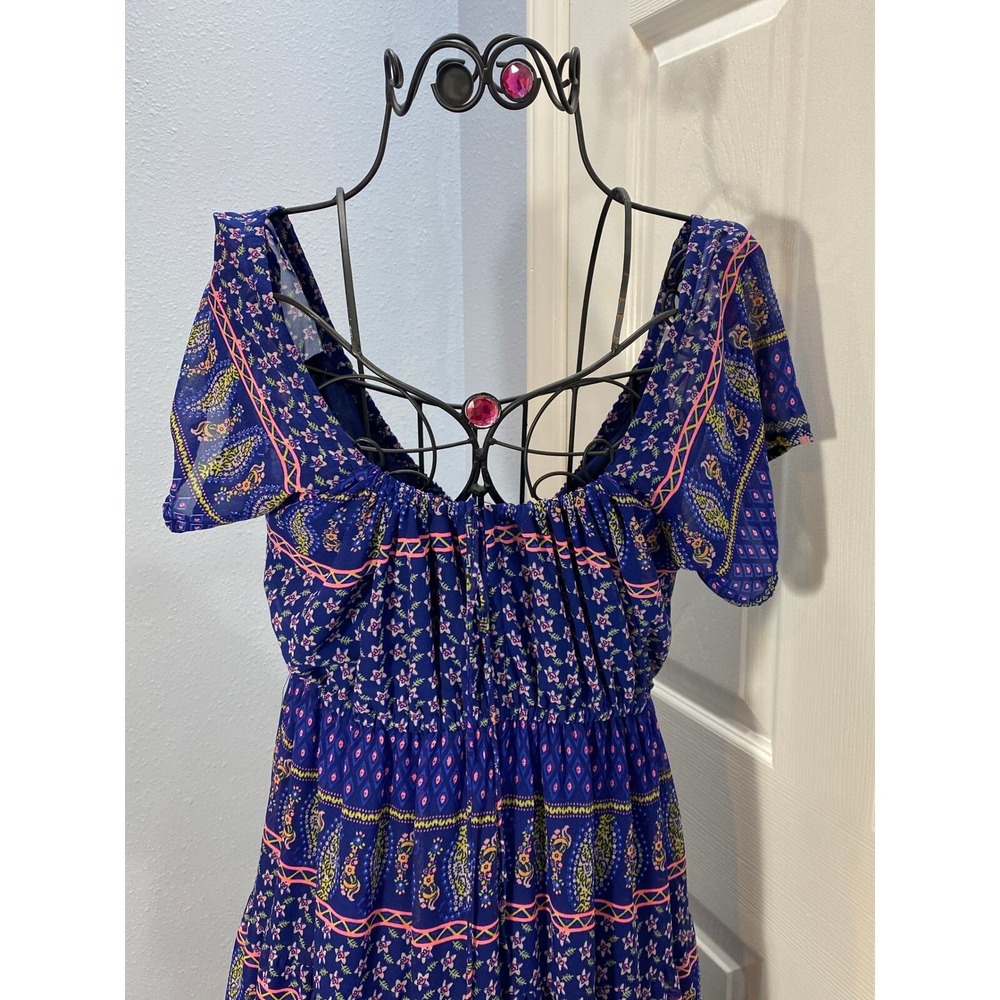 NWT Fun & Flirt Blue Paisley Print Boho Maxi Dress Cap Sleeve Elasticized XS - Picture 5 of 6